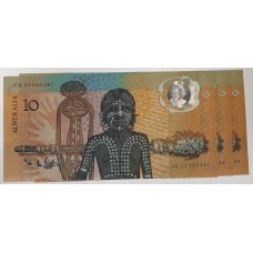 AUSTRALIA 1988 . TEN 10 DOLLAR BANKNOTES . FRASER/JOHNSTON . CONSECUTIVE TRIO . LAST PREFIX AB33